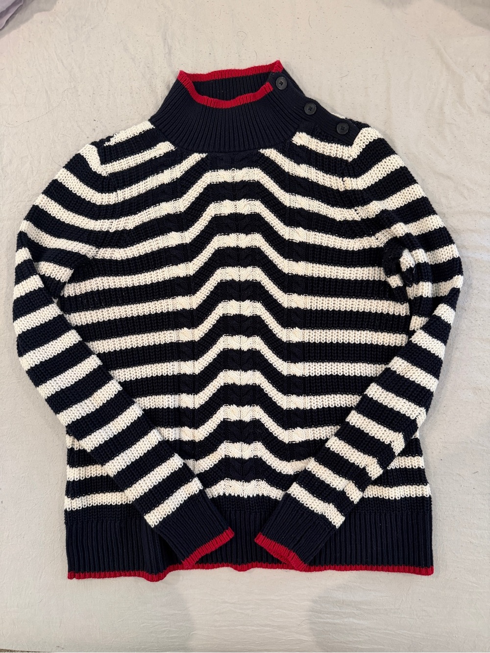 LOFT Navy and White Striped Sweater with Red Trim